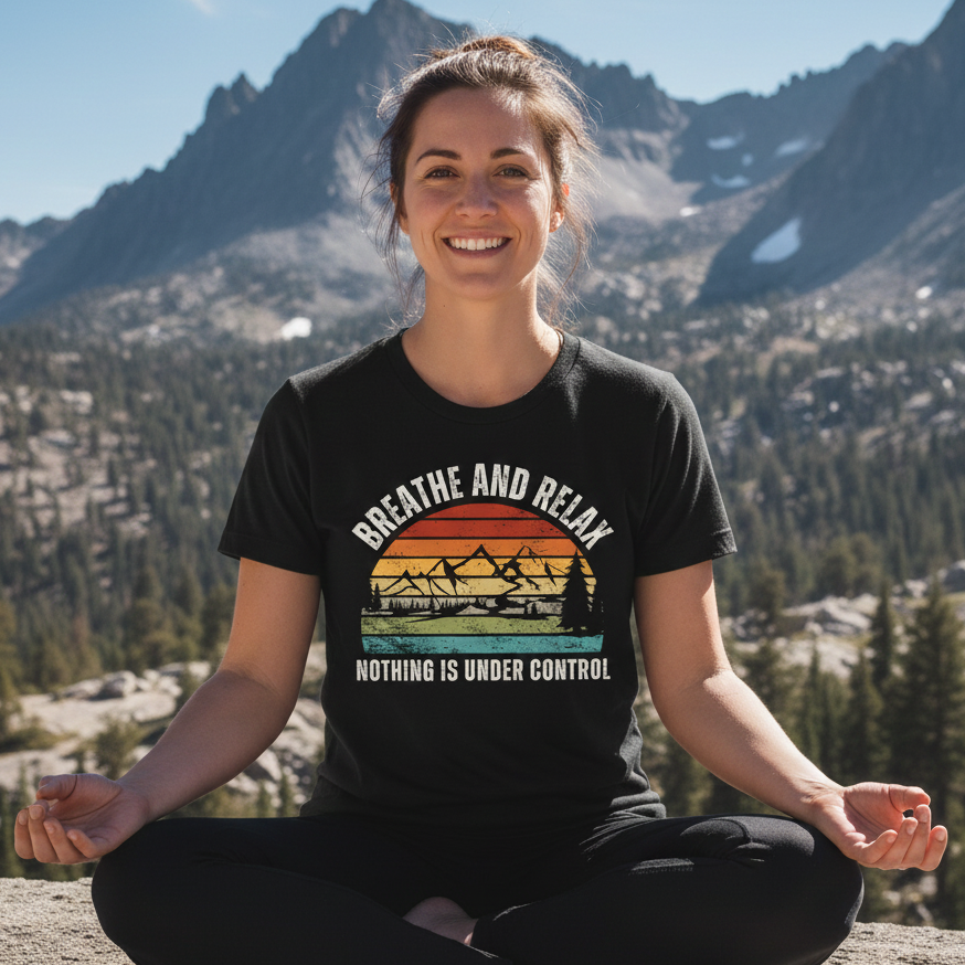 Young woman outdoors in meditation, wearing the Breathe And Relax Funny T-Shirt with sunset-mountains graphic, conveying a relaxed vibe amidst mountainous scenery, embodying adventure and comfort.