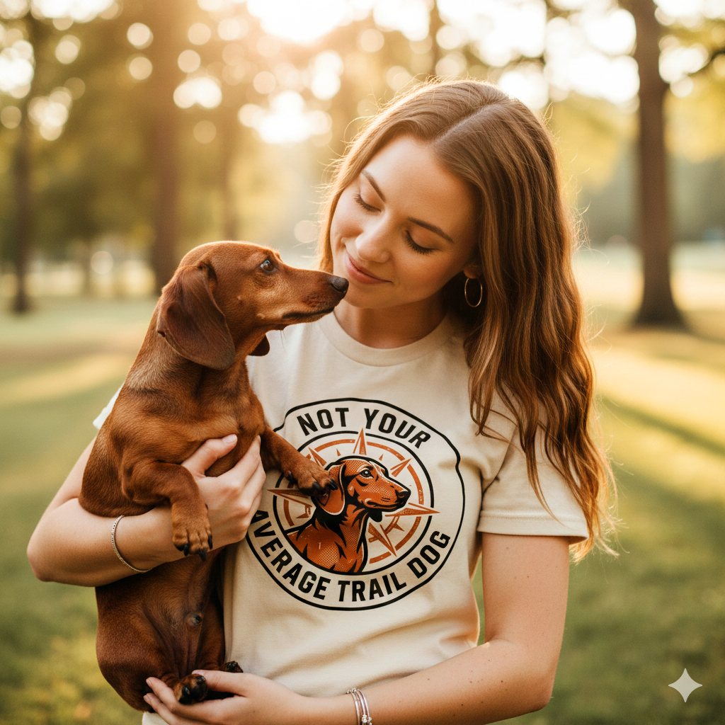 Young woman outdoors holds a dachshund, wearing the Not Your Average Trail Dog Wiener T-Shirt featuring a dachshund graphic and slogan, highlighting its comfortable, adventure-ready design.