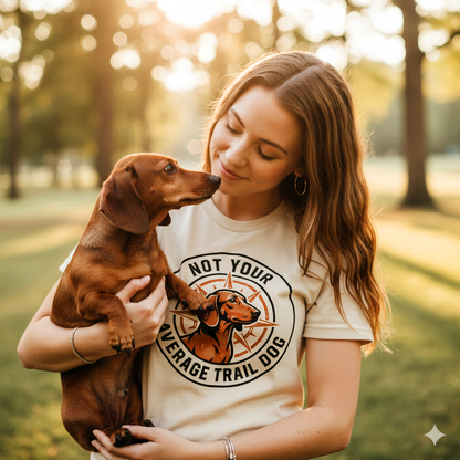 Young woman outdoors holds a dachshund, wearing the Not Your Average Trail Dog Wiener T-Shirt featuring a dachshund graphic and slogan, highlighting its comfortable, adventure-ready design.