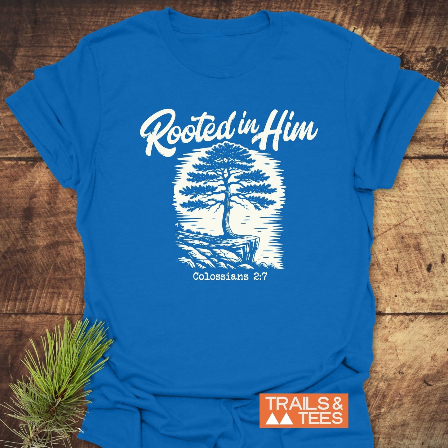 Rooted In Him Mountain T-Shirt: Features a stylized tree design with Rooted in Him text, crafted from soft ring-spun cotton, and includes an orange “TRAILS & TEES” logo.