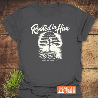Charcoal-gray Rooted In Him Mountain T-Shirt featuring a white tree graphic with Colossians 2:7, styled on wood with a pine sprig. Perfect for outdoor enthusiasts, blending comfort with a spiritual message.