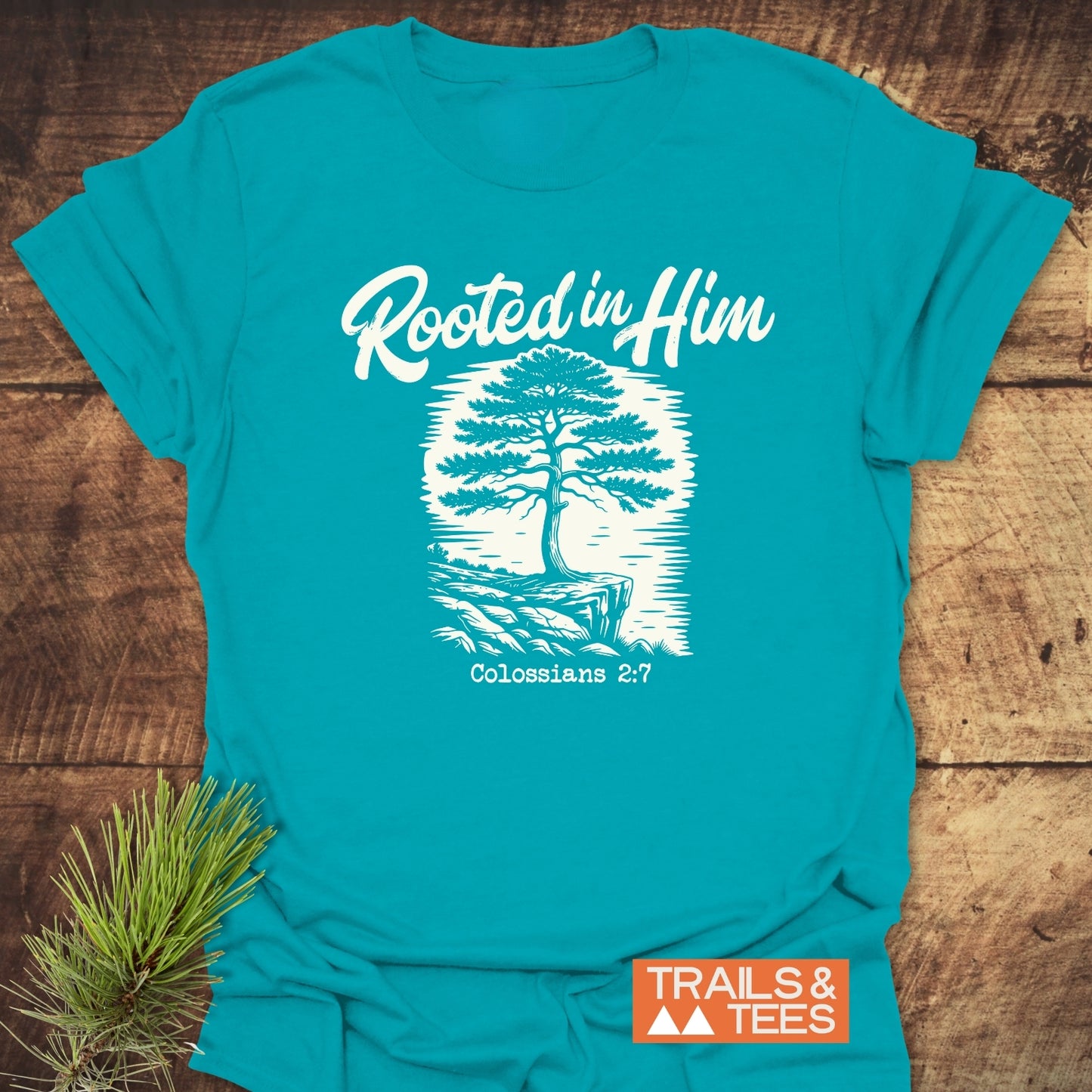 Rooted In Him Mountain T-Shirt: Teal tee featuring a white tree graphic with Rooted in Him and Colossians 2:7, laid on wood. Includes TRAILS & TEES logo and pine sprig accent.
