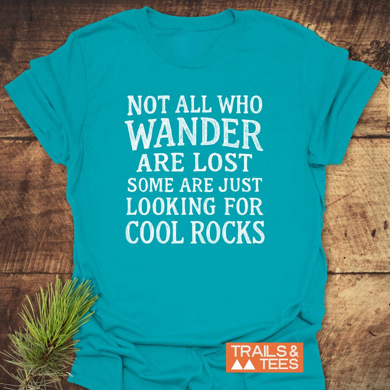 The Not All... Rustic Chalkboard T-Shirt features a bold white slogan on a teal tee, laid on wood with a pine sprig, showcasing the Trails & Tees logo for authentic outdoor vibes.