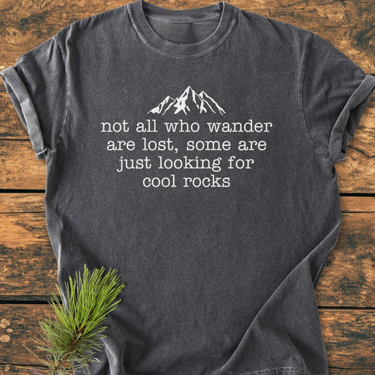 Looking For Cool Rocks Vintage Wash Tee with mountain graphic and quote, displayed flat on wood; features soft charcoal-grey fabric, relaxed fit, and durable stitching. Accompanied by a pine sprig.