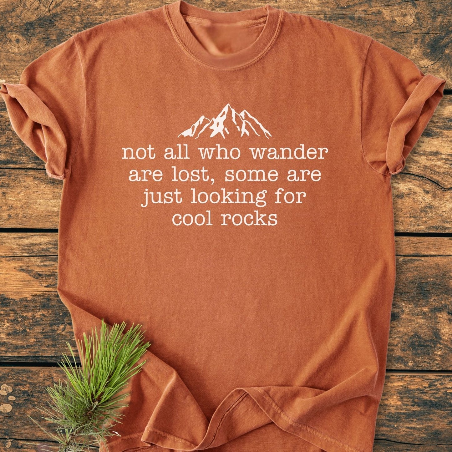 Looking For Cool Rocks Vintage Wash Tee features a white mountain design and witty quote on a rust-colored shirt, laid on wood with a pine sprig, embodying an outdoorsy theme.