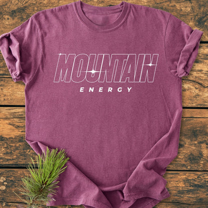 Heathered purple Mountain Energy Vintage Wash Tee flat-laid with bold MOUNTAIN and ENERGY text, featuring a pine sprig accent, showcasing its relaxed fit and durable, customizable design.