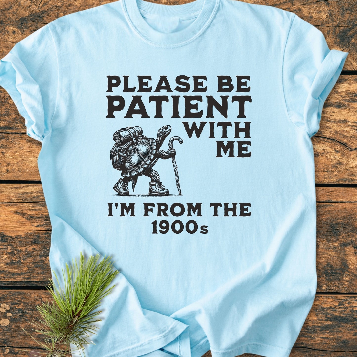 Please Be Patient I'm From The 1900s - Vintage Wash Tee features a turtle in hiking boots with text. Displayed on a wooden surface with a pine sprig, emphasizing a relaxed, vintage style.