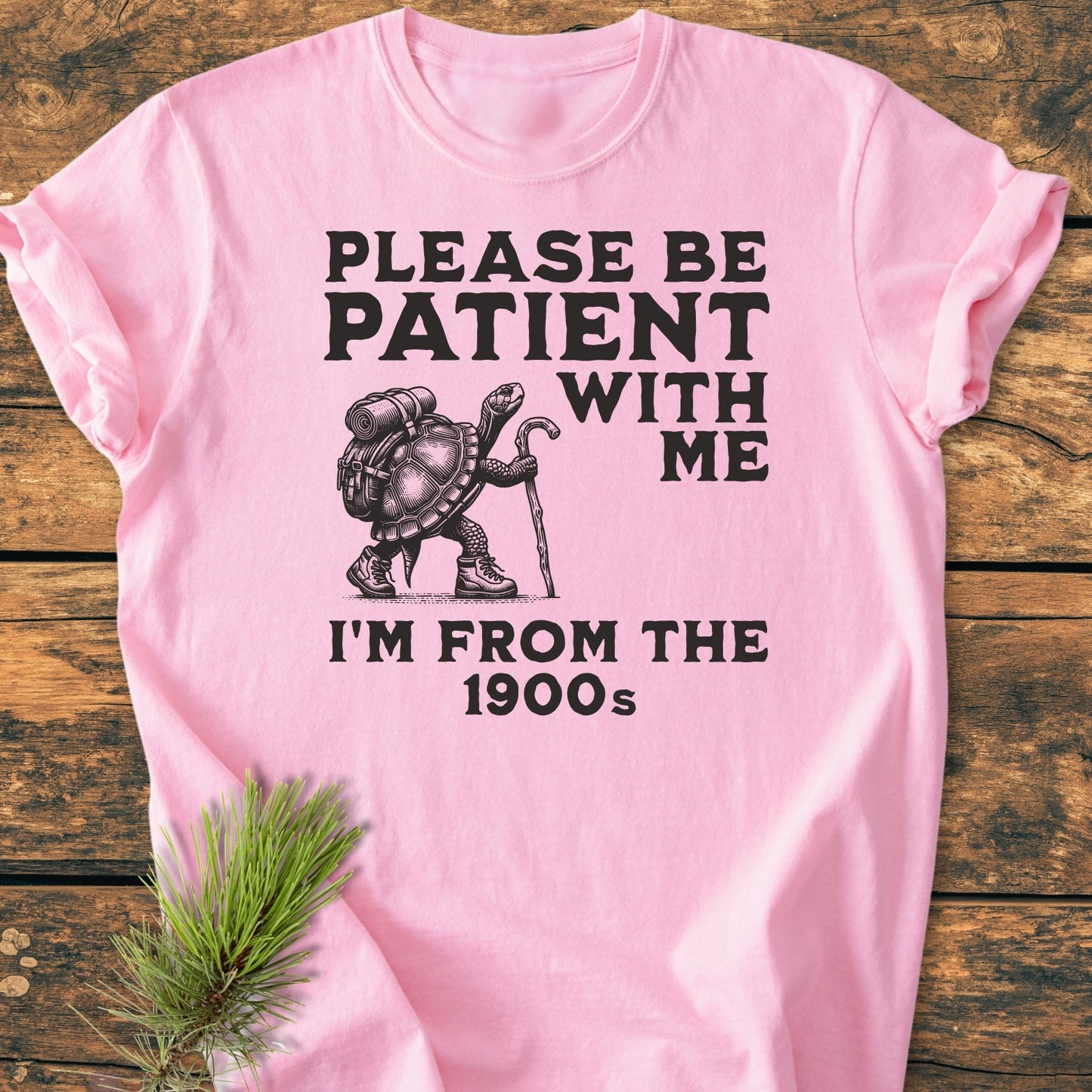Please Be Patient I'm From The 1900s - Vintage Wash Tee featuring a turtle illustration with hiking gear on soft pink fabric, laid flat with a sprig of pine for accent.