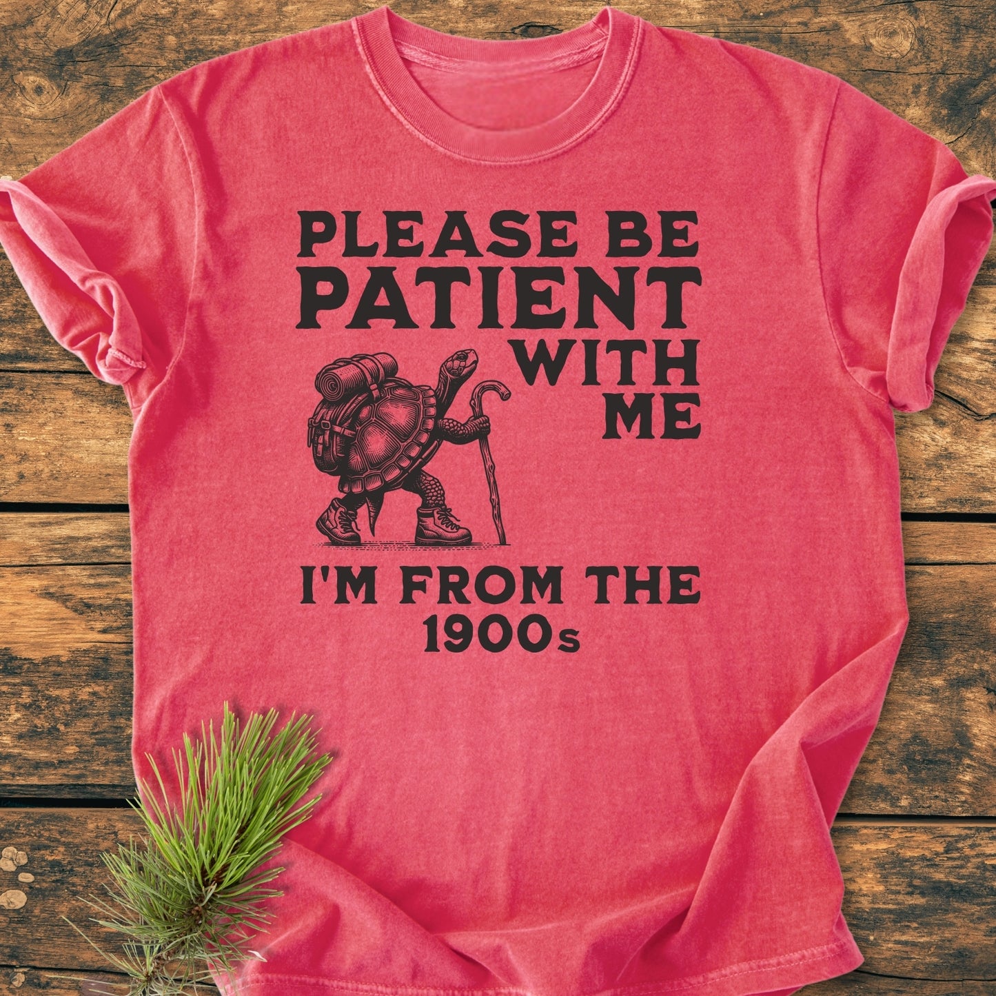 Please Be Patient I'm From The 1900s - Vintage Wash Tee features a turtle graphic with hiking gear on a red T-shirt, laid flat, showcasing its relaxed fit and rustic pine twig accent.