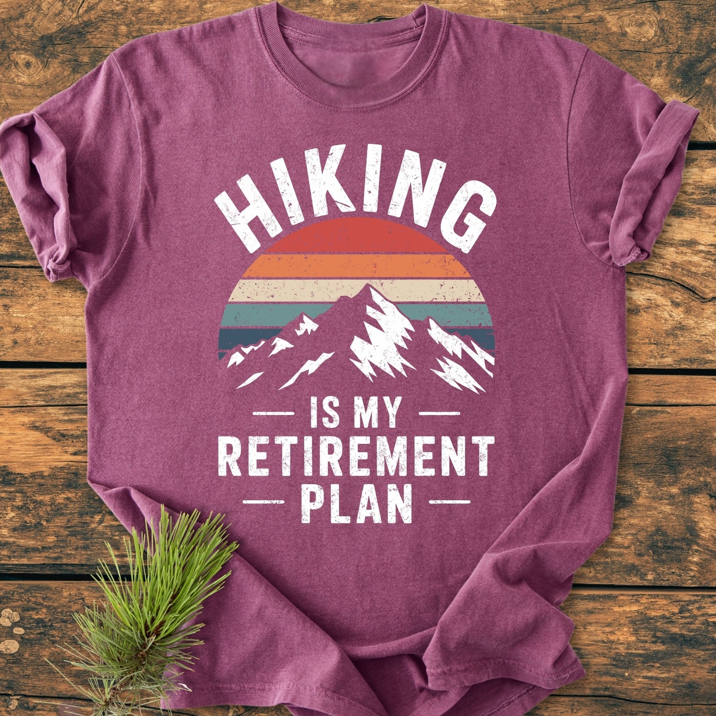 Hiking Is My Retirement Plan - Vintage Wash Tee featuring a retro-sun and mountain graphic on a heathered plum T-shirt, laid on wood with a pine bough accent.