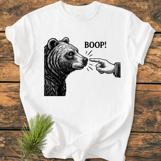 Boop! Bear - Vintage Wash Tee features a playful bear illustration with a hand reaching to its nose, printed on a soft, relaxed-fit white T-shirt, perfect for everyday wear.
