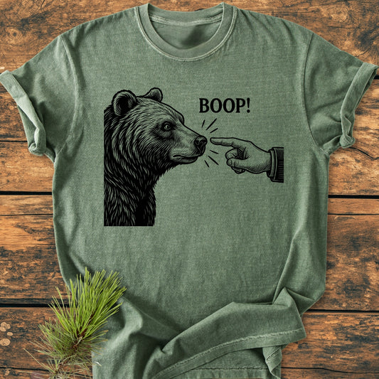 Boop! Bear - Vintage Wash Tee features a bear's profile and hand boop illustration with BOOP! text on a sage-green, relaxed fit, Comfort Colors garment-dyed T-shirt, laid flat.