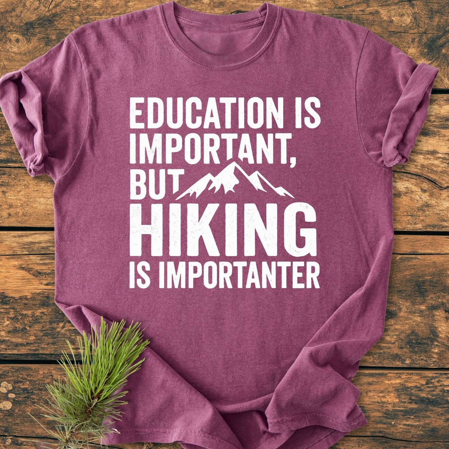 Education Is Important - Vintage Wash Tee features a slogan print with a mountain silhouette on a folded short-sleeve T-shirt, displayed on a wooden surface with a pine sprig beside it.