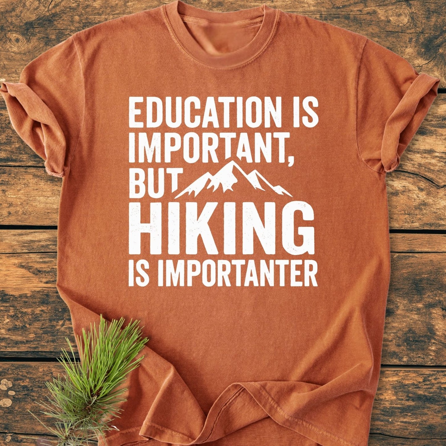 Education Is Important - Vintage Wash Tee displayed on a wooden surface, featuring a humorous hiking slogan and mountain silhouette. The rust-orange shirt is soft-washed, relaxed-fit, and 100% ring-spun cotton.