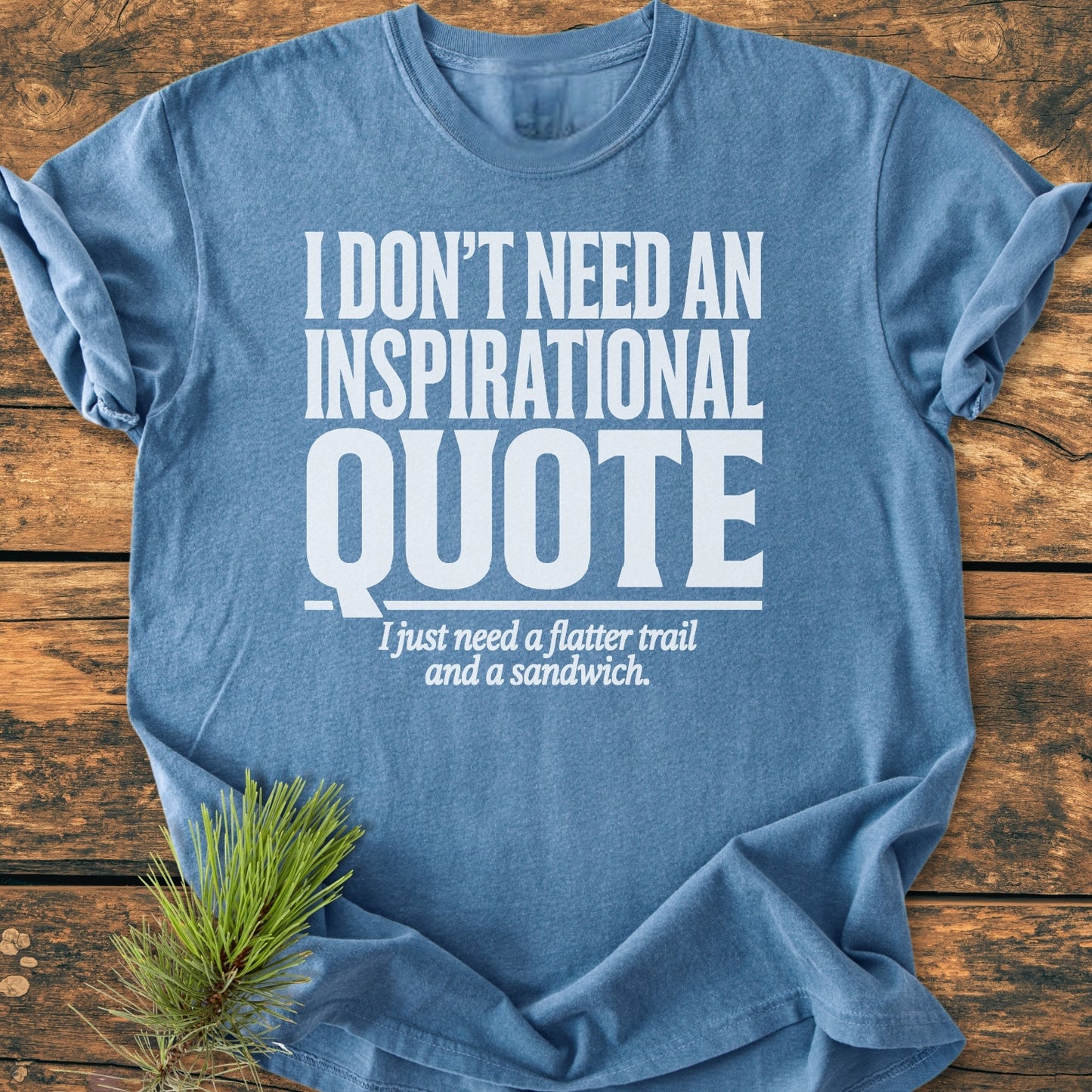 No Inspirational Quote - Vintage Wash Tee, heathered blue, laid flat with pine sprig. Features bold white text: “I DON’T NEED AN INSPIRATIONAL QUOTE” and smaller text: “I just need a flatter trail and a sandwich.”