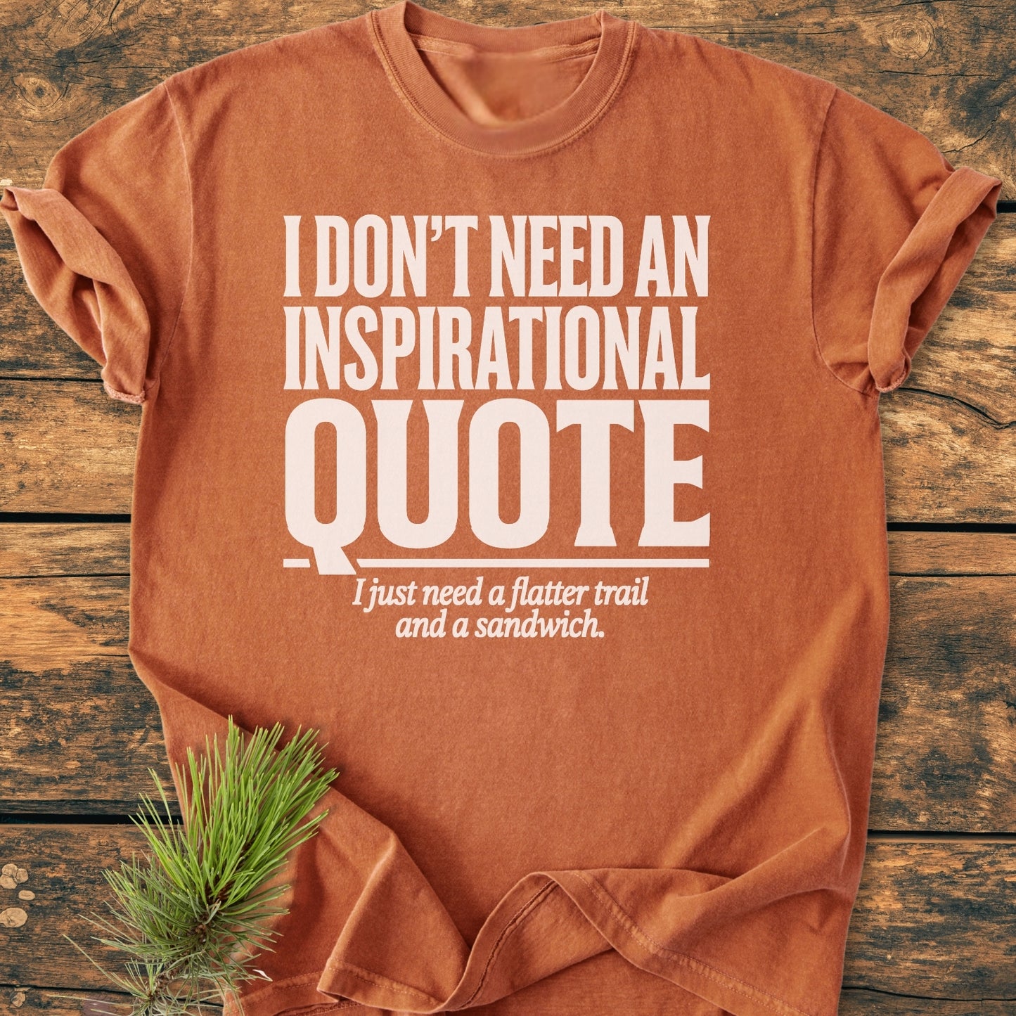 No Inspirational Quote - Vintage Wash Tee: A rust-orange T-shirt with bold white lettering humorously requesting a flatter trail and a sandwich, laid flat on a wooden surface with a pine sprig nearby.