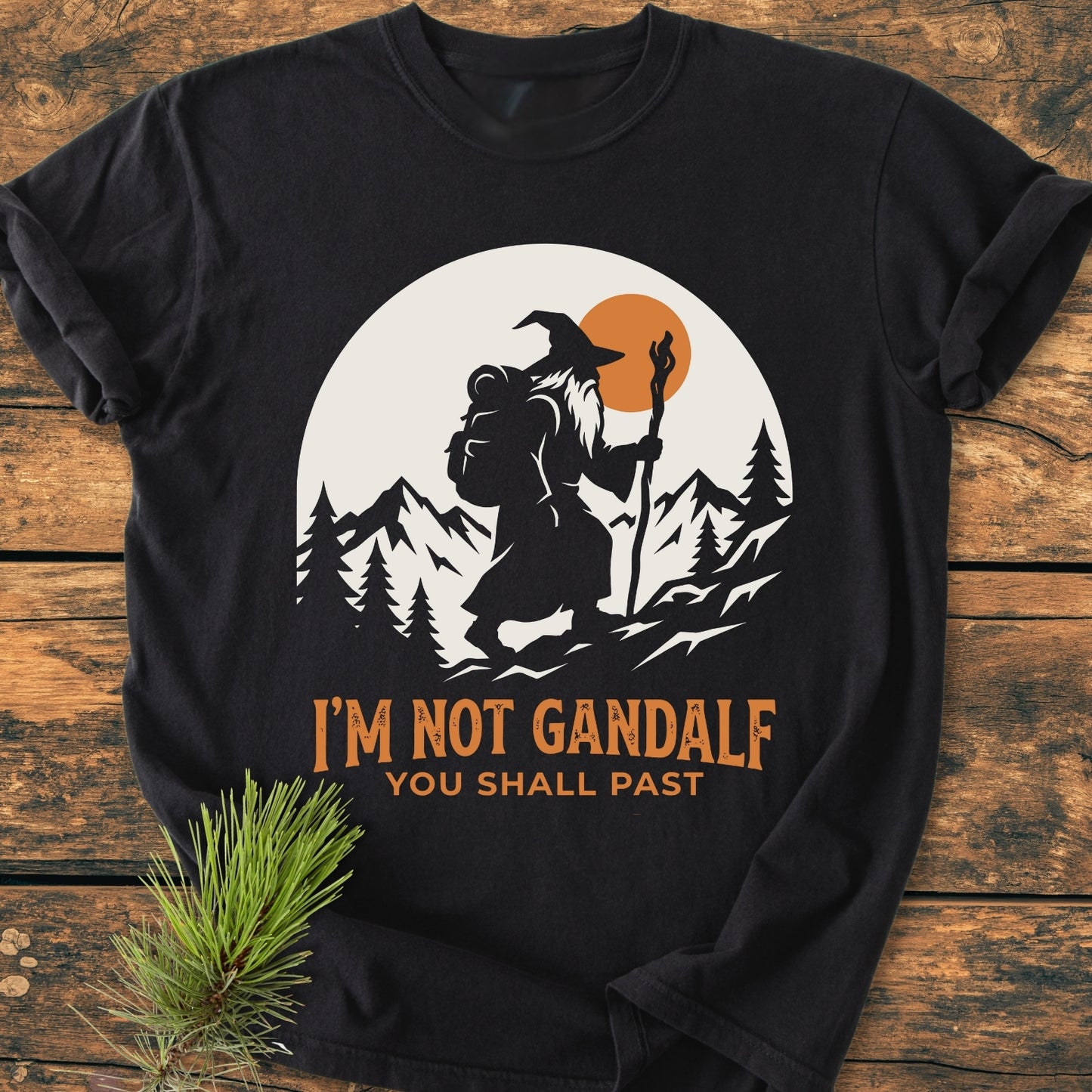 You Shall Past - Vintage Wash Tee features a robed wizard graphic with a punny slogan on a black t-shirt, emphasizing comfort and durability with its relaxed fit and soft-washed fabric.