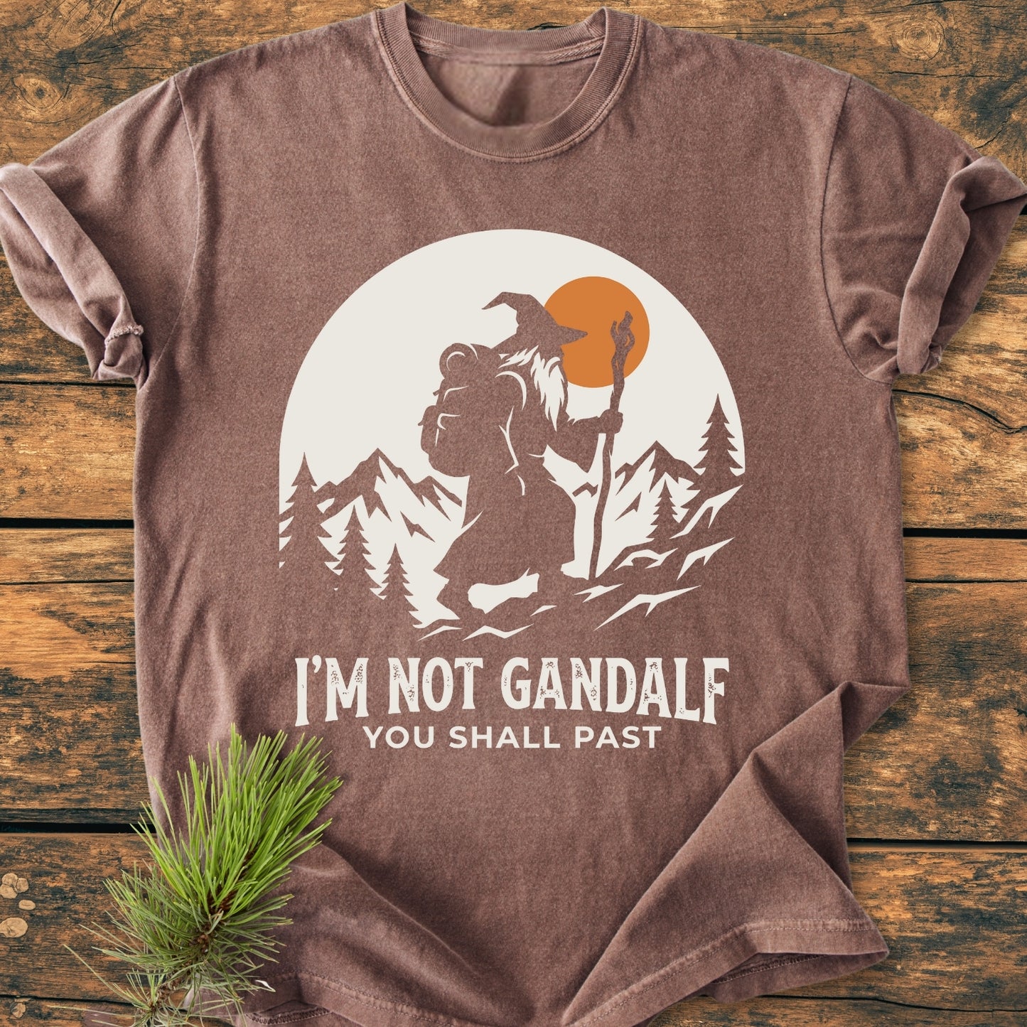 You Shall Past - Vintage Wash Tee: A brown T-shirt with a wizard in a mountain scene and a playful slogan inspired by Gandalf, showcasing a relaxed fit and soft, garment-dyed cotton.