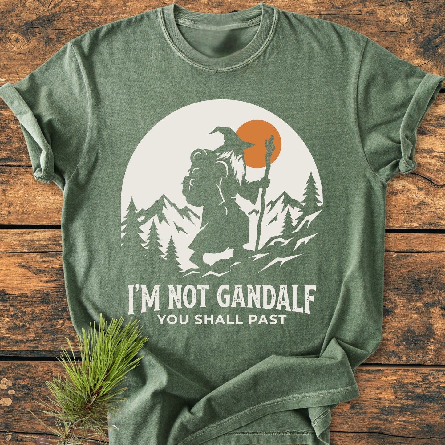 You Shall Past - Vintage Wash Tee featuring a wizard graphic and humorous text, laid flat on a wooden surface, showcasing its relaxed fit and durable, soft-washed 100% ring-spun cotton design.