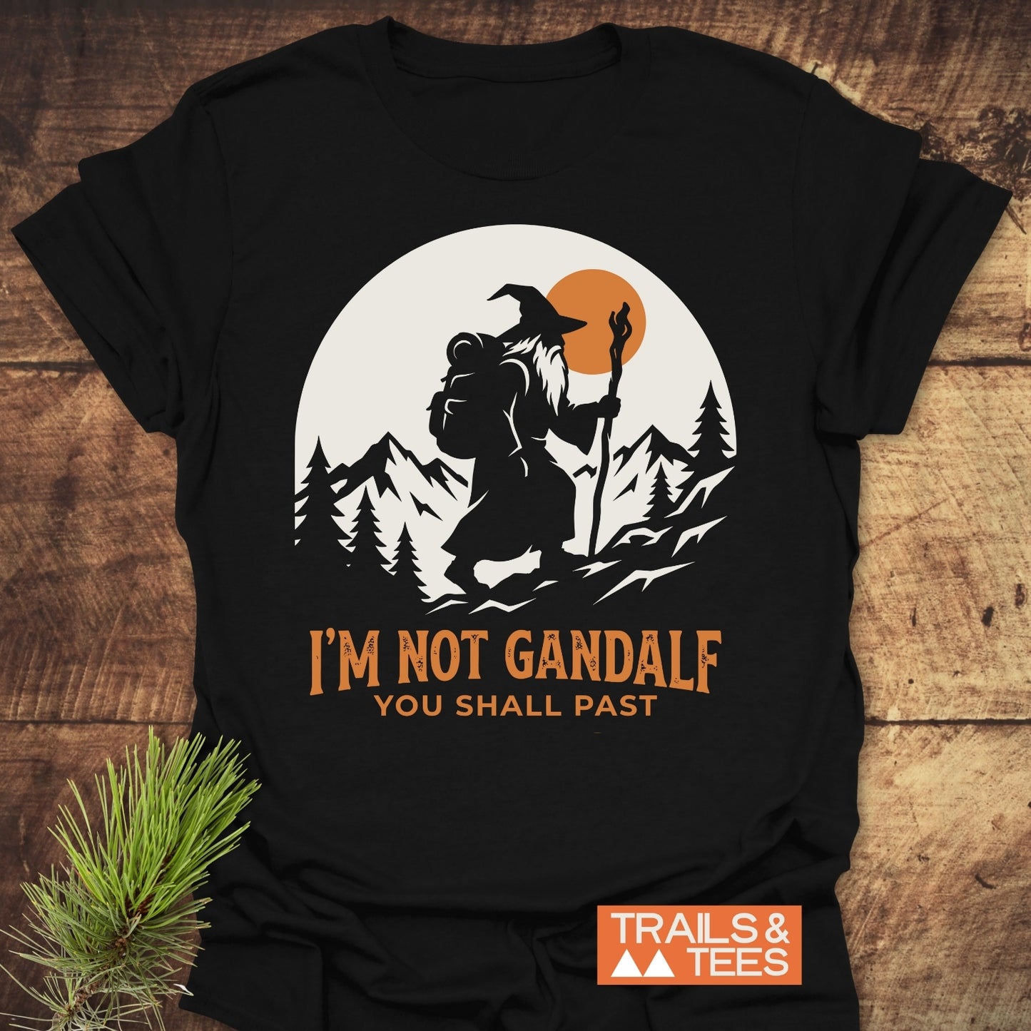 You Shall Past T-Shirt featuring a wizard graphic with a hiking pun, crafted from soft cotton for comfort and durability, perfect for outdoor enthusiasts.
