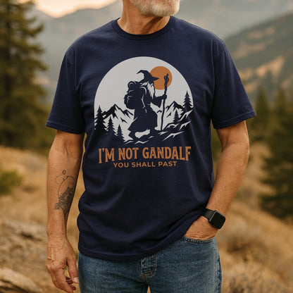 You Shall Past T-Shirt featuring a wizard trekking past pine trees and mountains, designed for outdoor enthusiasts with durable prints and comfortable, lightweight cotton for adventure-ready wear.