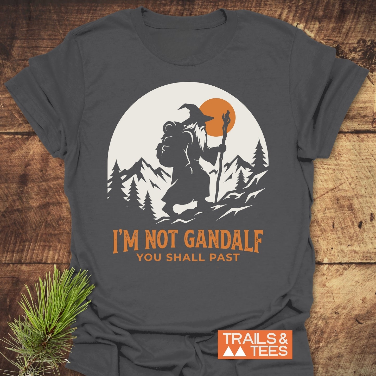 You Shall Past T-Shirt featuring a bearded wizard silhouette trekking across mountains and trees, with orange slogan, on soft ring-spun cotton for comfort and durability, by Trails & Tees.