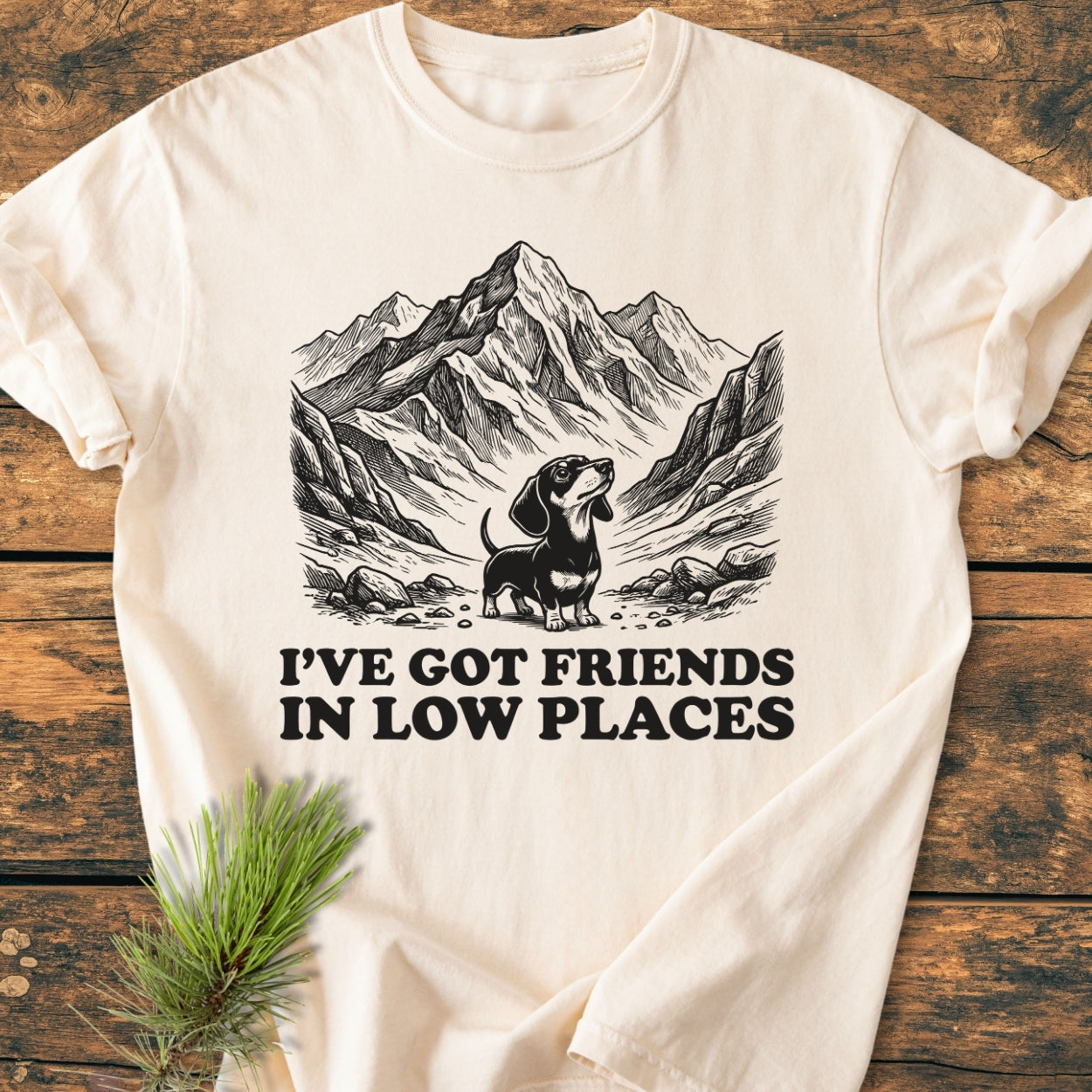 Friends In Low Places - Vintage Wash Tee featuring a black mountain range illustration with a dachshund in a valley, laid flat on a wooden surface. Includes playful caption.