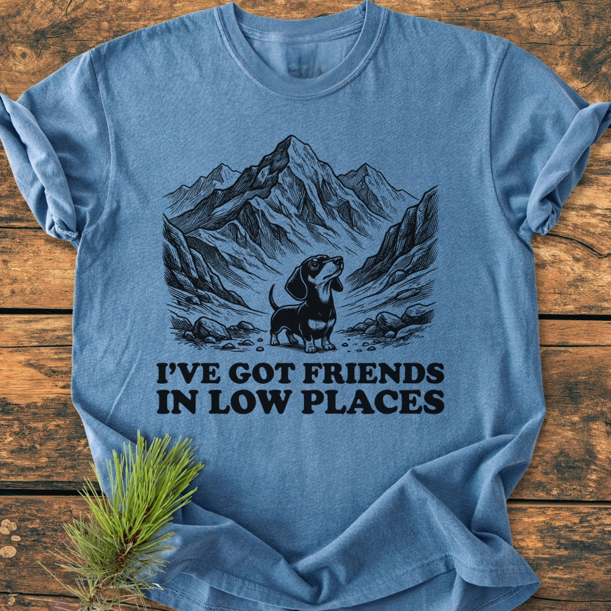 Friends In Low Places - Vintage Wash Tee features a heather-blue design with a mountain valley scene and dachshund illustration, captioned playfully. Laid flat, showcasing its relaxed fit and durable stitching.