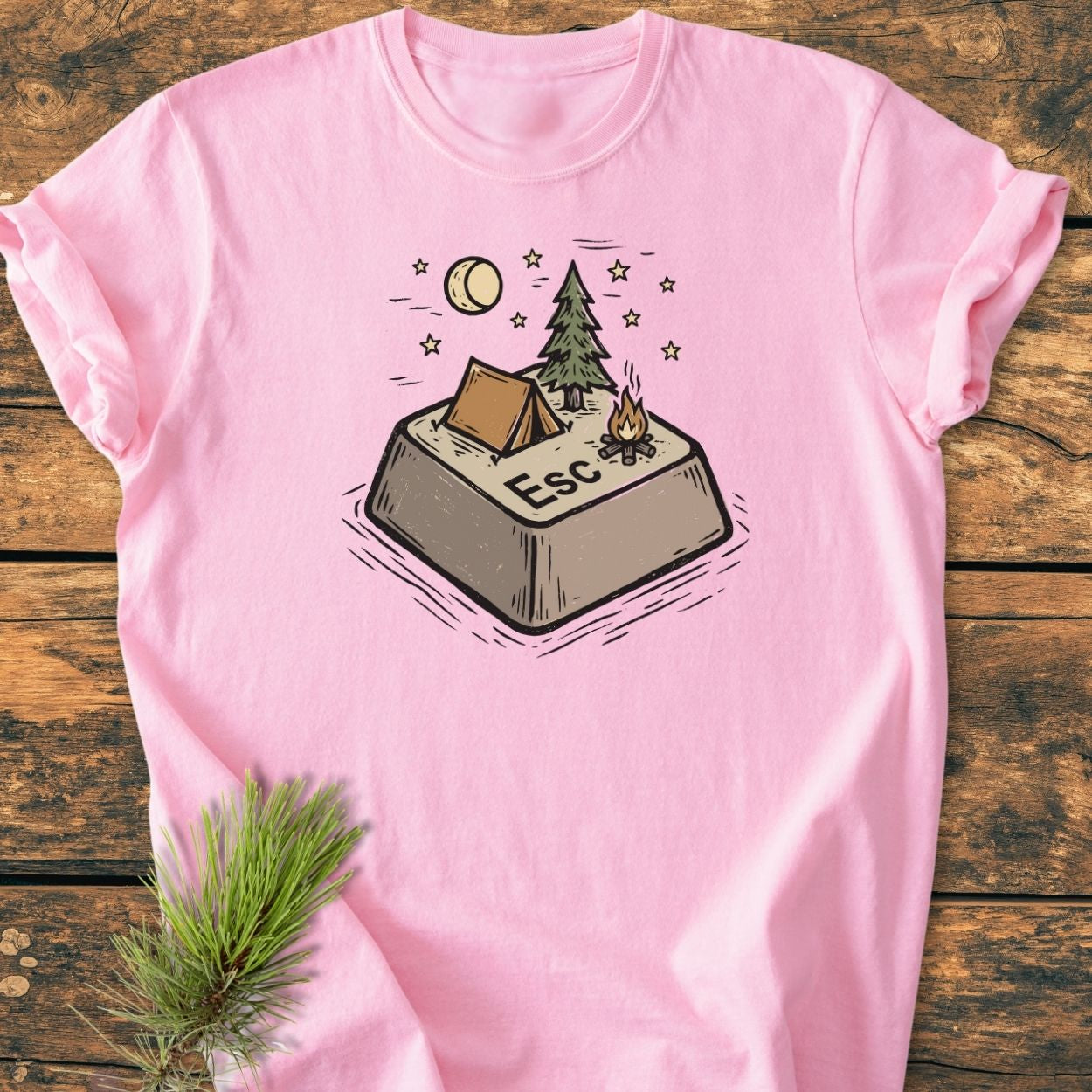 Escape - Vintage Wash Tee featuring a whimsical campsite illustration with a giant Esc key, tent, and campfire on soft, pre-shrunk, relaxed-fit, garment-dyed, 100% ring-spun cotton.