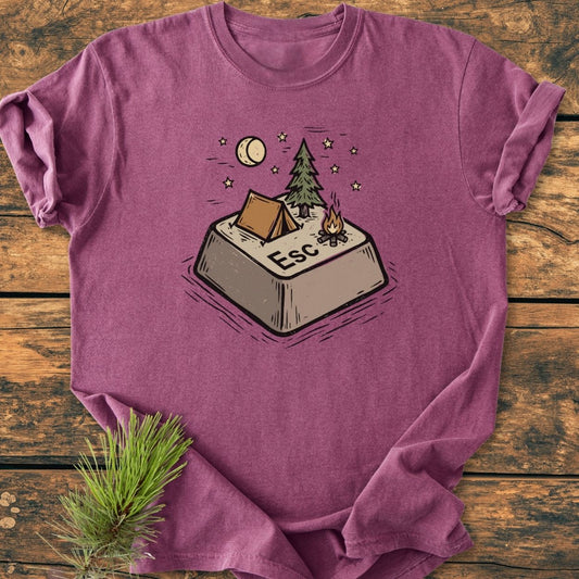 Escape - Vintage Wash Tee featuring a playful campsite illustration on a giant Esc key, laid flat. Made from soft, durable 100% ring-spun cotton for a relaxed fit.