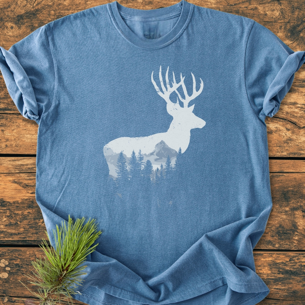 Deer Silhouette - Vintage Wash Tee featuring a nature scene within a deer's outline. Laid flat, showcasing soft, garment-dyed fabric, perfect for comfort and durability.