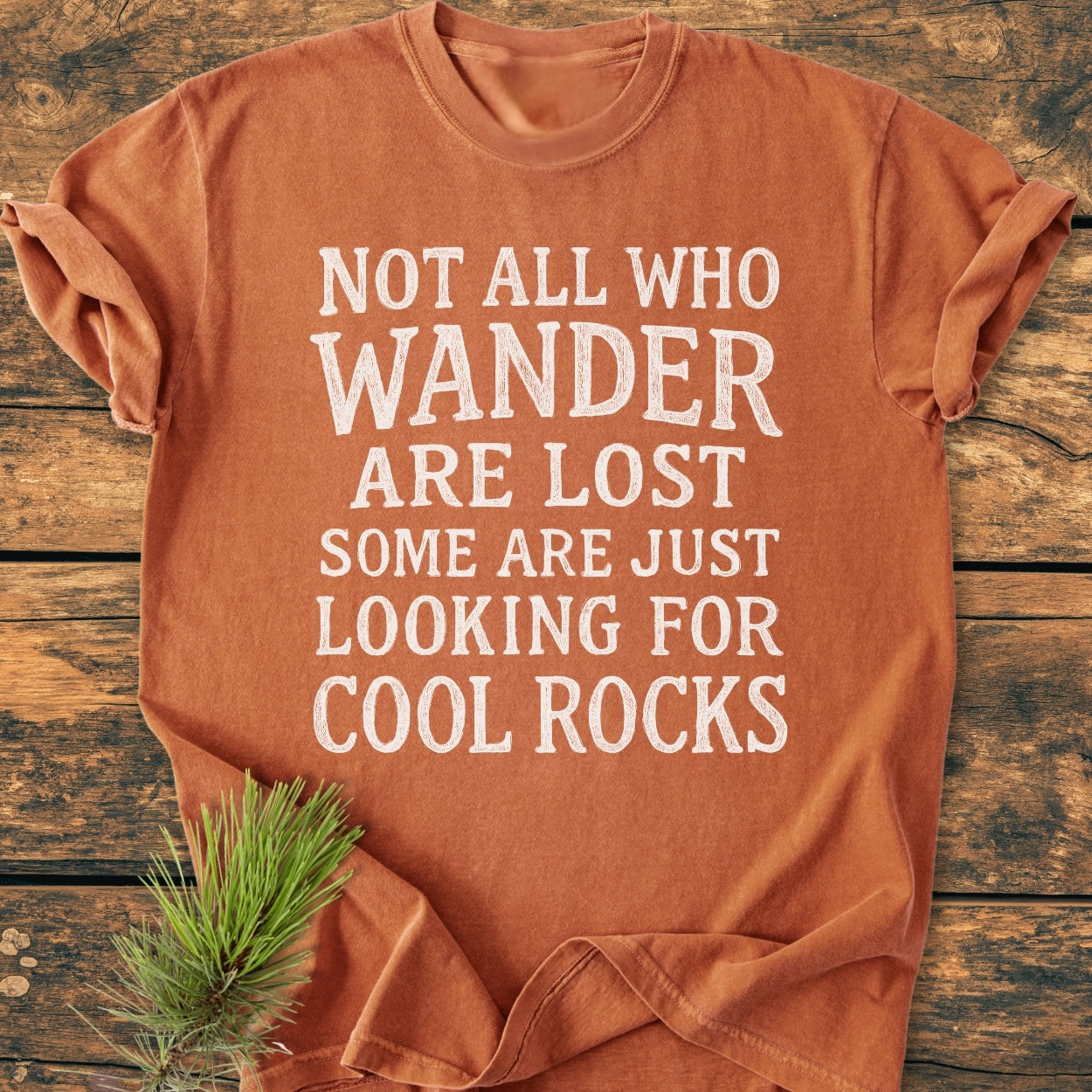 Rustic Chalkboard - Vintage Wash Tee featuring the slogan NOT ALL WHO WANDER ARE LOST SOME ARE JUST LOOKING FOR COOL ROCKS, displayed on a wooden surface with a pine sprig beside it.