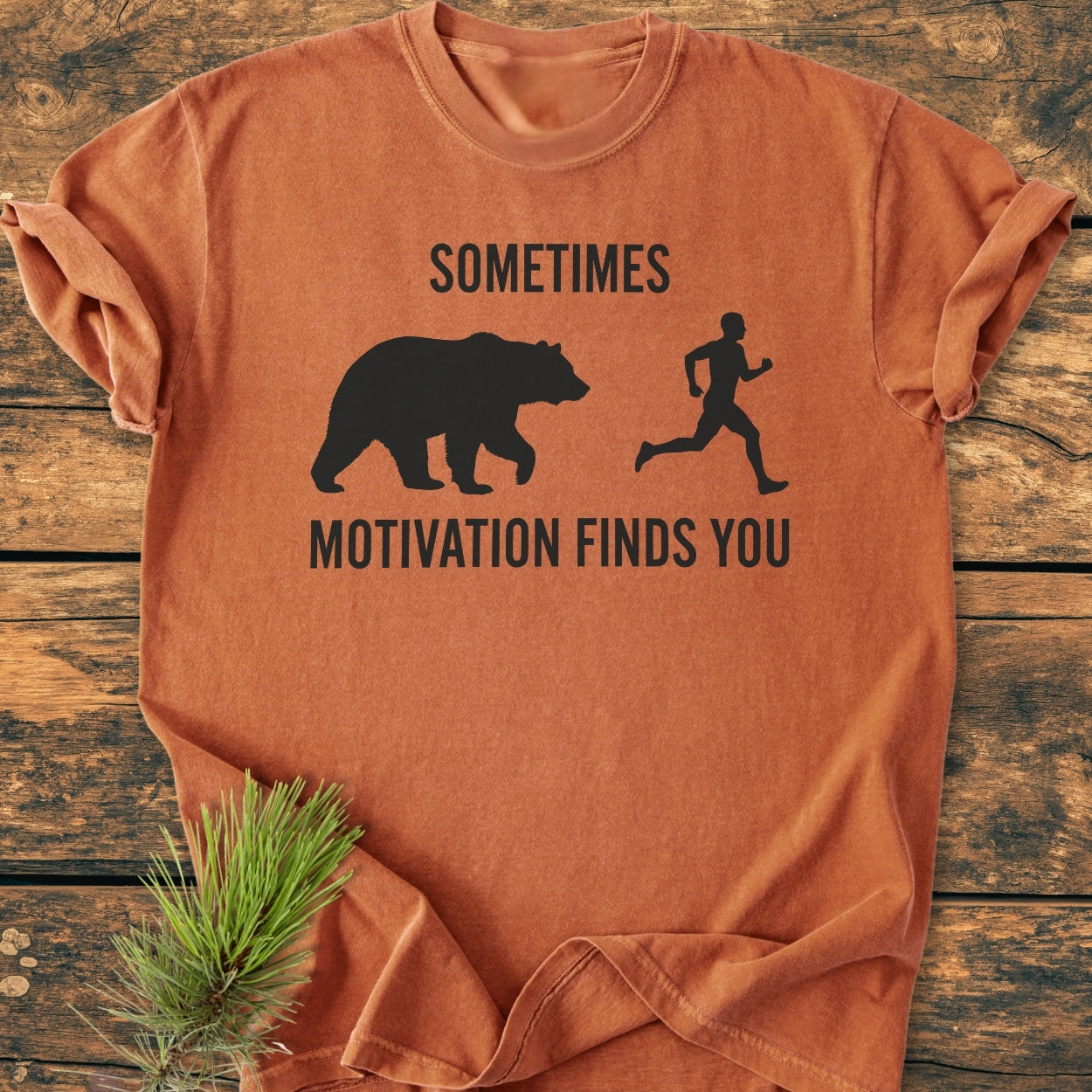 Sometimes Motivation Finds You - Vintage Wash Tee featuring a bear and runner graphic, laid flat; made from soft, durable, pre-shrunk 100% ring-spun cotton with relaxed fit and double-needle stitching.