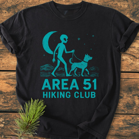 Area 51 Hiking Club - Vintage Wash Tee featuring a grey alien walking a dog under stars and a crescent moon, crafted from soft, durable 100% ring-spun cotton with a relaxed fit.
