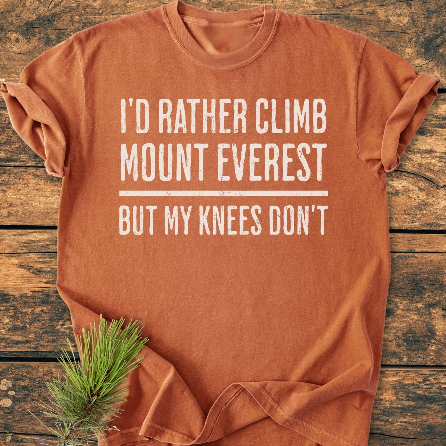 I'd Rather Climb Mount Everest - Vintage Wash Tee displayed flat on rustic wood, featuring a witty slogan in white. Accented with greenery, highlighting its relaxed fit and soft, durable fabric.