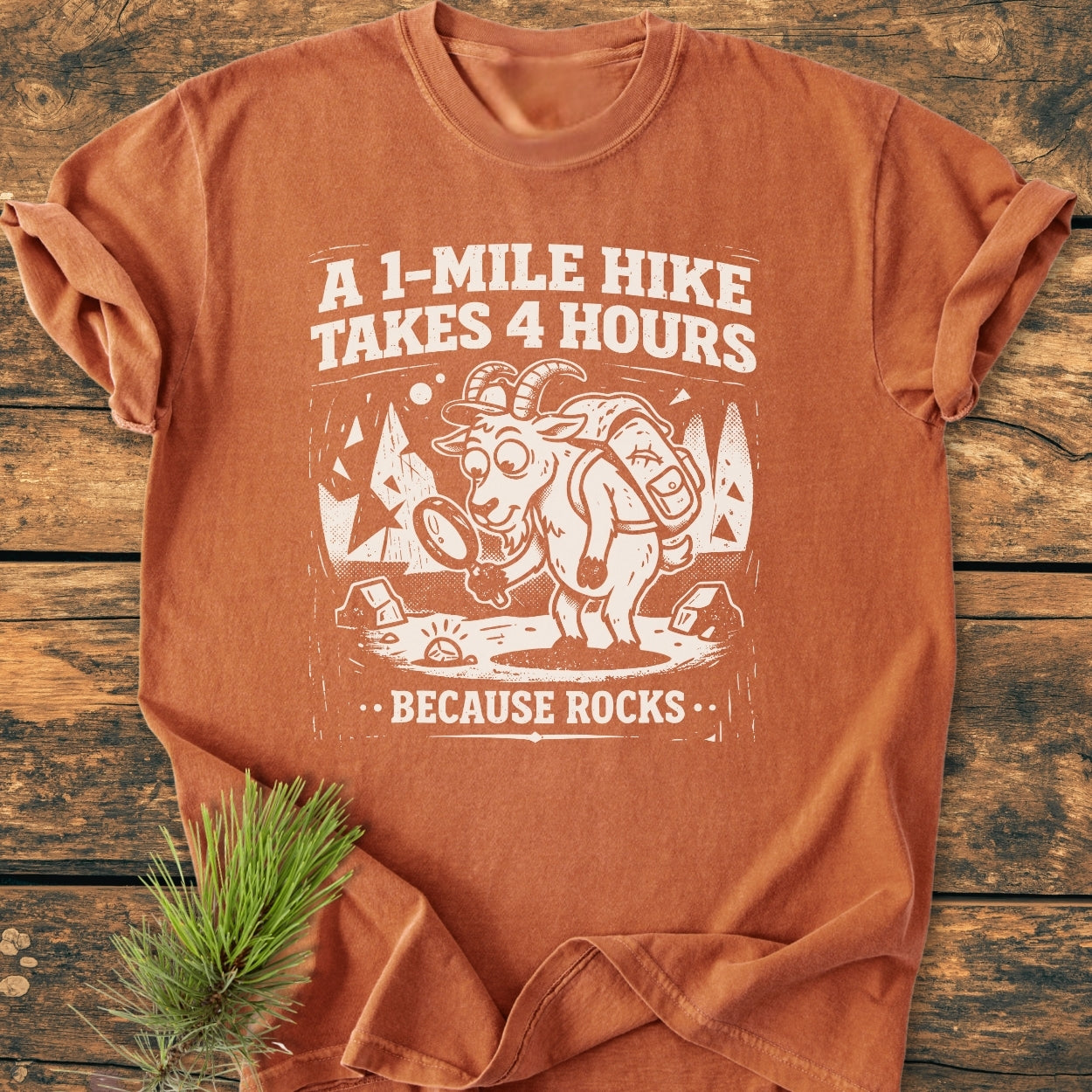 Because Rocks - Vintage Wash Tee featuring a cartoon mountain goat with backpack and magnifying glass, humorously captioned. Laid flat with pine sprig detail, showcasing relaxed fit and durable stitching.
