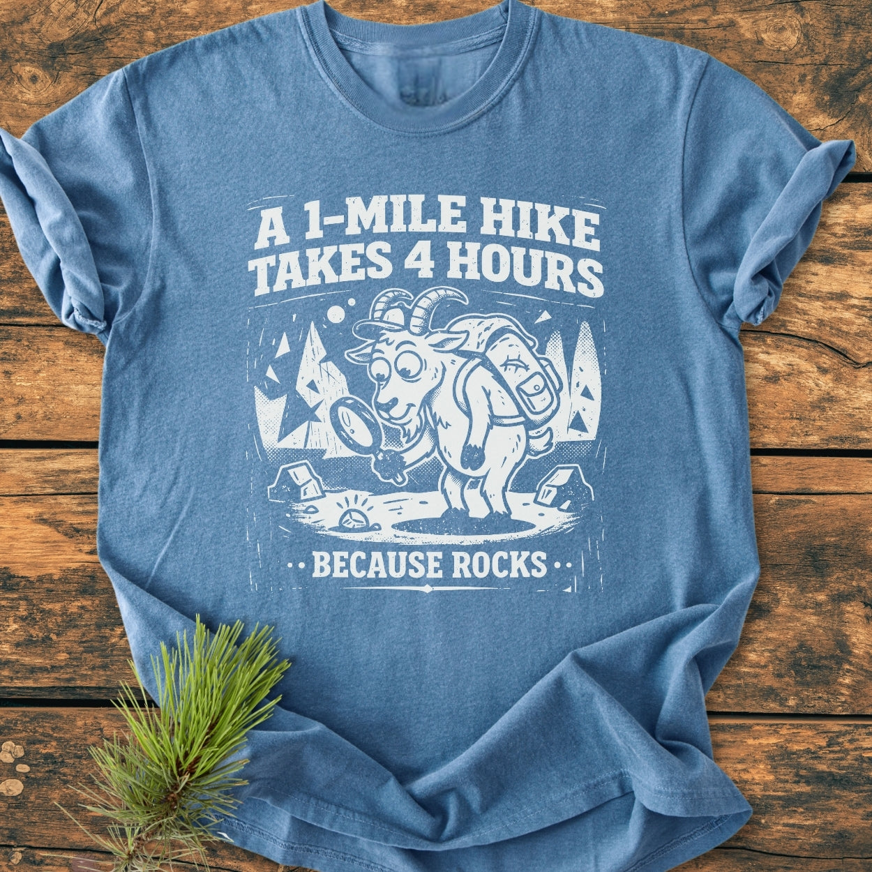 Because Rocks - Vintage Wash Tee features a cartoon mountain goat with a backpack, magnifying a rock, surrounded by playful text. Laid flat on wood, highlighting its relaxed fit and soft fabric.
