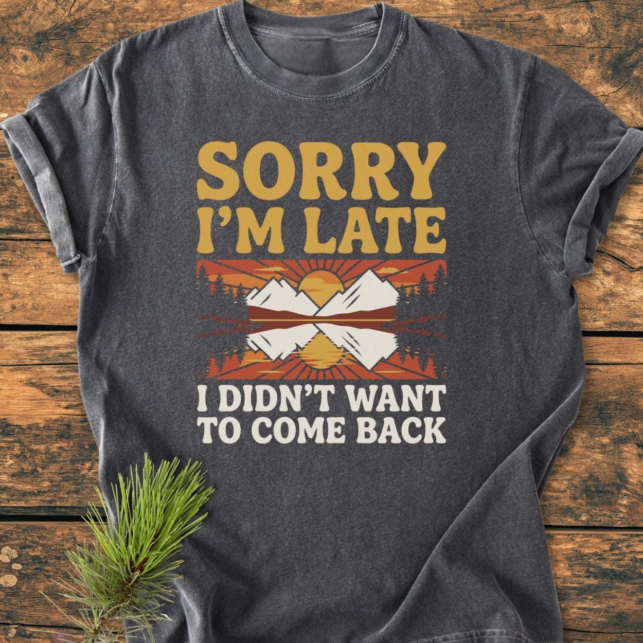 Sorry I'm Late - Vintage Wash Tee features a retro sun and mountain graphic on a charcoal-gray, short-sleeve t-shirt, laid flat with a pine sprig, emphasizing comfort and durability.
