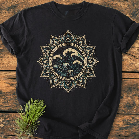 Ocean Mandala - Vintage Wash Tee with a stylized teal and cream mandala wave design, laid on rustic wood, featuring a pine sprig accent. Made from soft garment-dyed black cotton, relaxed fit.