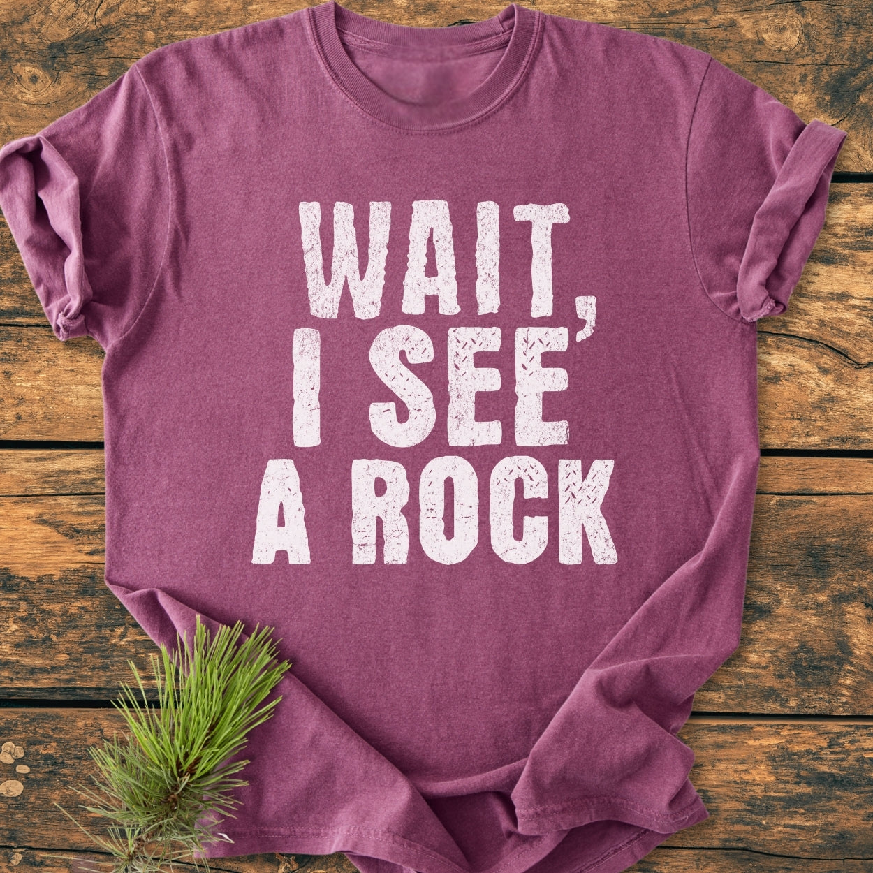 Wait I See A Rock - Vintage Wash Tee displayed on wood, featuring distressed white lettering. A sprig of pine accompanies this soft, relaxed-fit, 100% cotton garment-dyed T-shirt.