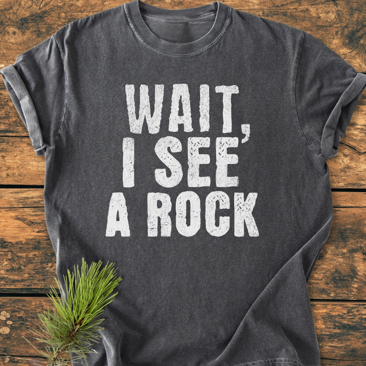 Wait I See A Rock - Vintage Wash Tee, charcoal-gray, with bold distressed white text, displayed on wood. Next to it, a small pine sprig adds a natural touch, emphasizing the tee's casual, relaxed vibe.