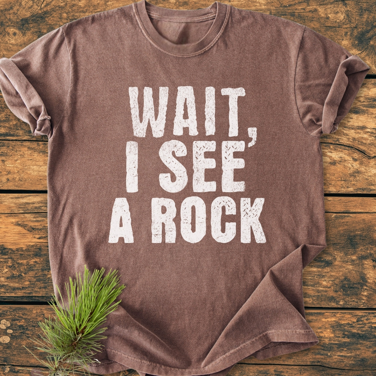 Wait I See A Rock - Vintage Wash Tee, featuring distressed white text on a soft-washed brown T-shirt, laid flat on wood with rolled sleeves and pine needles for a rustic touch.