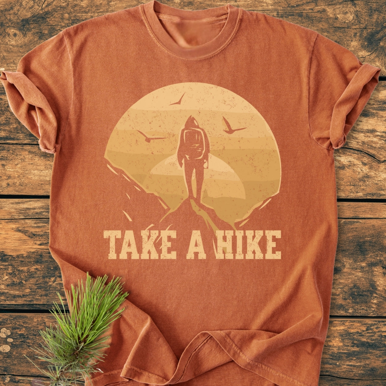 Take A Hike - Vintage Wash Tee features a stylized hiker scene and slogan. Laid on wood, it's a soft, durable, rust-orange T-shirt with a relaxed fit, ideal for daily wear.