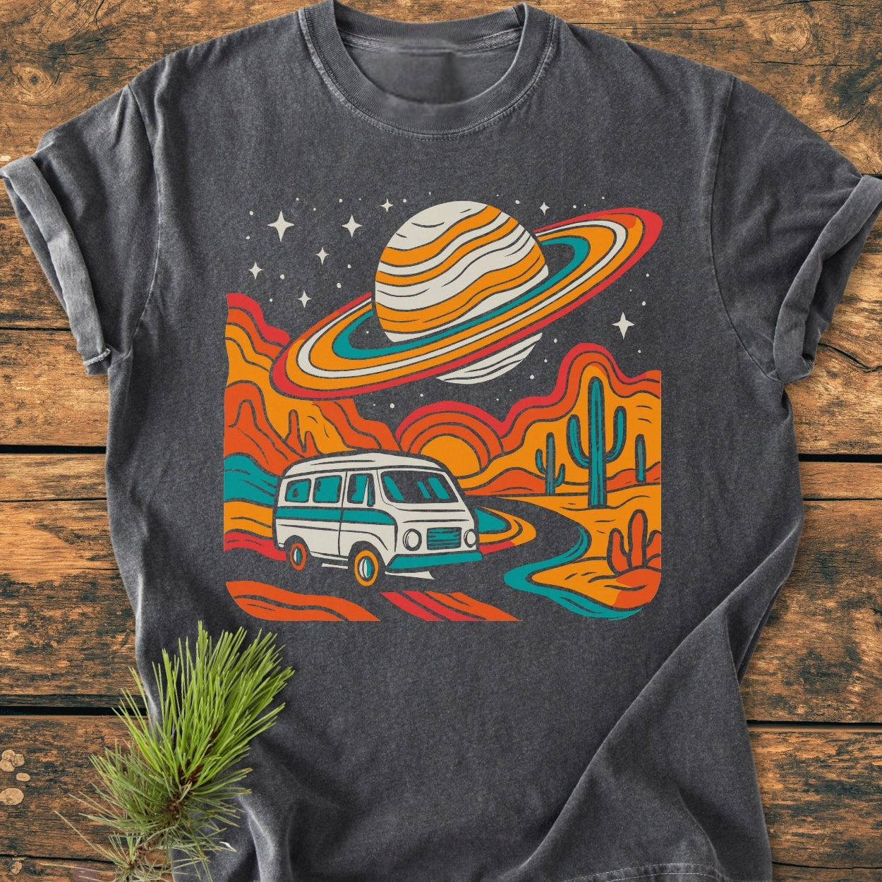 Psychedelic Van Journey - Vintage Wash Tee: Charcoal tee with retro camper van design on a desert road under a starry sky and ringed planet; soft, relaxed fit, garment-dyed for comfort and durability.