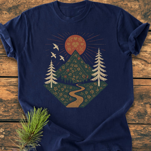 Dreamy Mountain Landscape - Vintage Wash Tee featuring a stylized nature scene with a trail, floral-patterned mountains, pine trees, a rose-colored sun, and birds, showcasing an outdoorsy graphic on a navy-blue T-shirt.