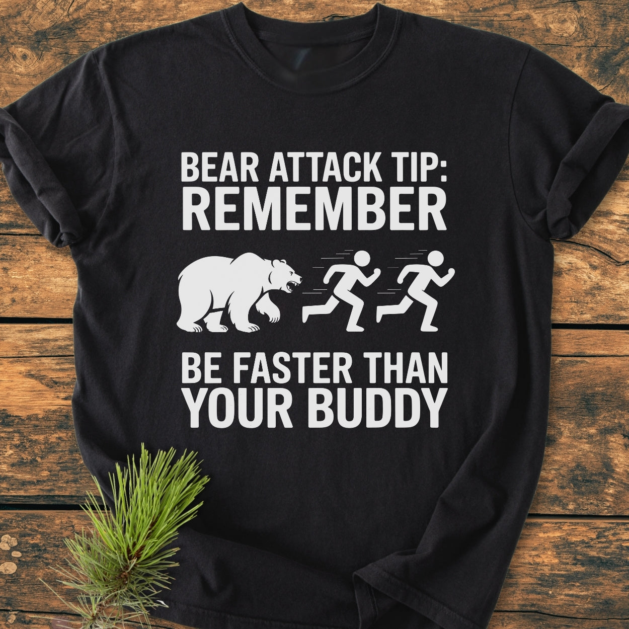 Bear Attack Tip Be Fast - Vintage Wash Tee features a humorous bear-chase design on a black T-shirt, emphasizing comfort with soft-washed, garment-dyed 100% ring-spun cotton and relaxed fit.