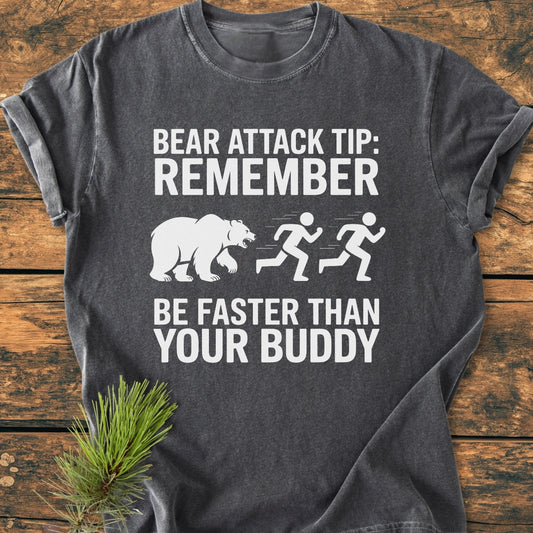 Bear Attack Tip Be Fast - Vintage Wash Tee: Dark-gray T-shirt featuring humorous slogan with bold white text and graphic of a charging bear and running stick figures. Comfortable, relaxed fit.