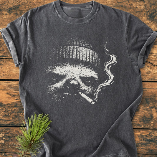 No Rush Club - Vintage Wash Tee features a sloth in a beanie graphic on a charcoal-gray backdrop, laid on wood with pine sprig. Cozy, durable, 100% ring-spun cotton, perfect for daily wear.