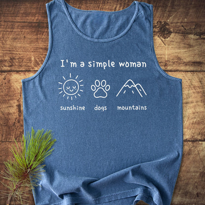 I'm A Simple Woman - Sunshine, Dogs, Mountains Tank Top: Heather-blue women's tank top with white print featuring a sun, dog paw, and mountains, symbolizing simplicity and love for nature.