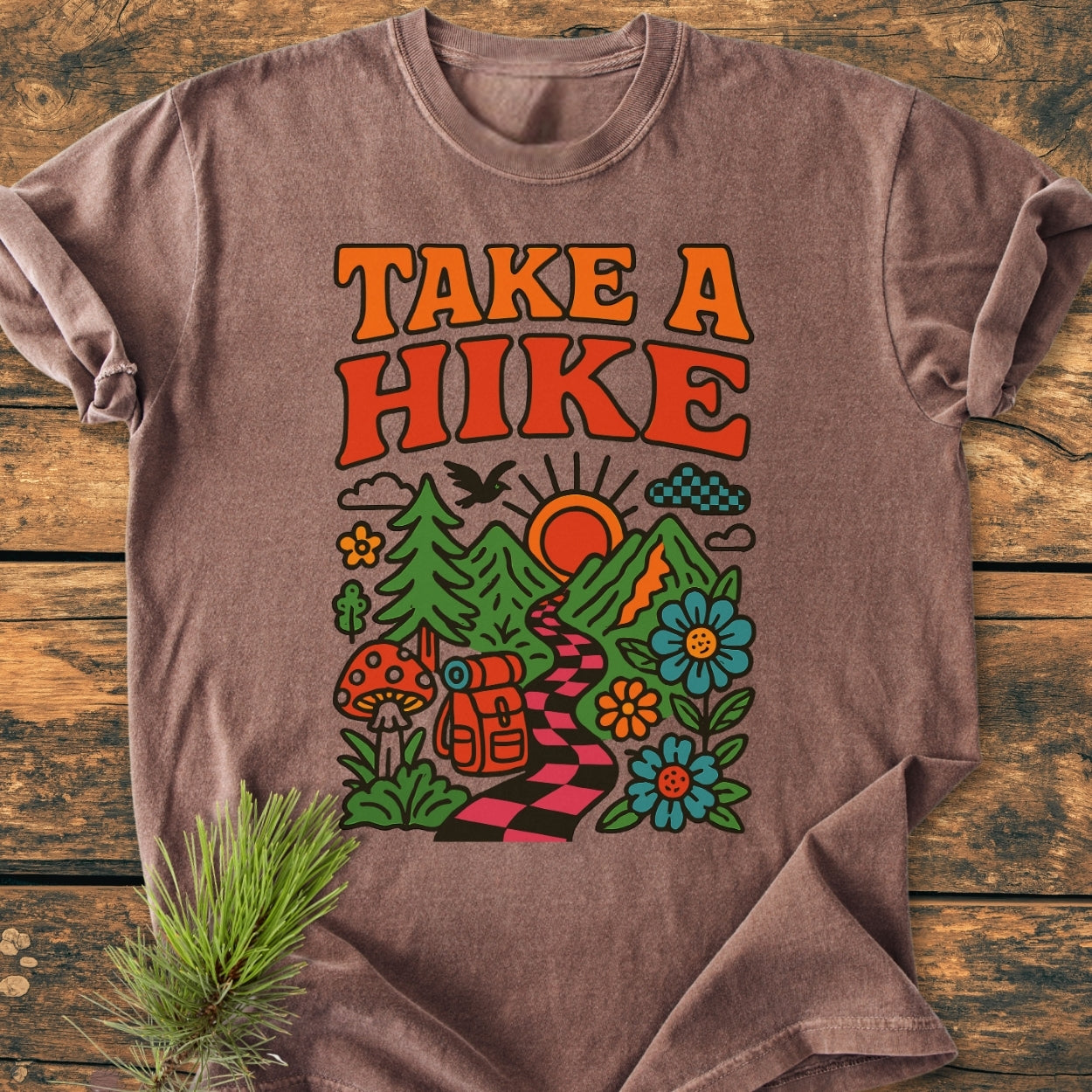 Take A Hike Funky - Vintage Wash Tee: Brown tee with a retro 'TAKE A HIKE' graphic, featuring a scenic trail, sun, mountains, pine trees, and nature motifs, laid on a wooden surface.